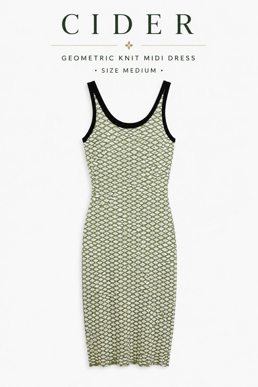 Cider Dress Knit Geometric Midi Sleeveless Green and White Tank Size Medium